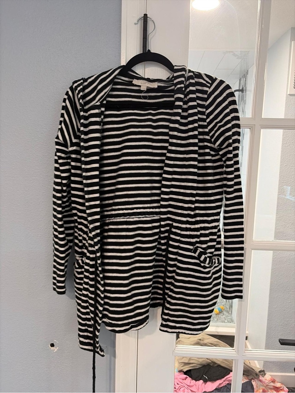LOFT Black and White Striped Hooded Cardigan with Waist Tie